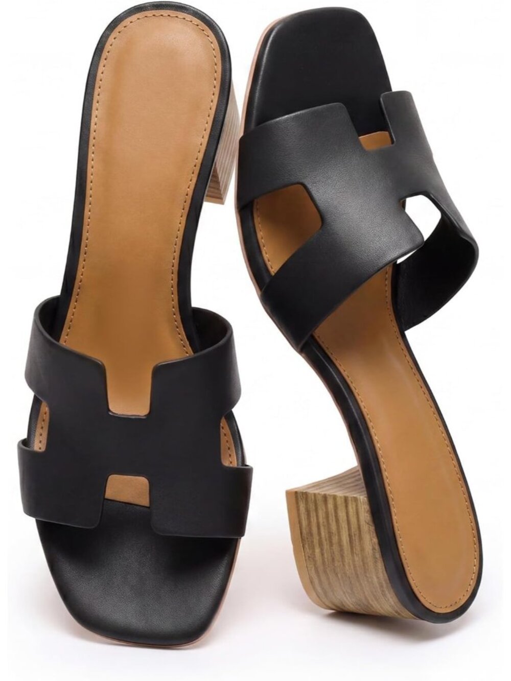 Women's Black Casual Cutout Strap Square Open Toe Low Block Chunky Heels
